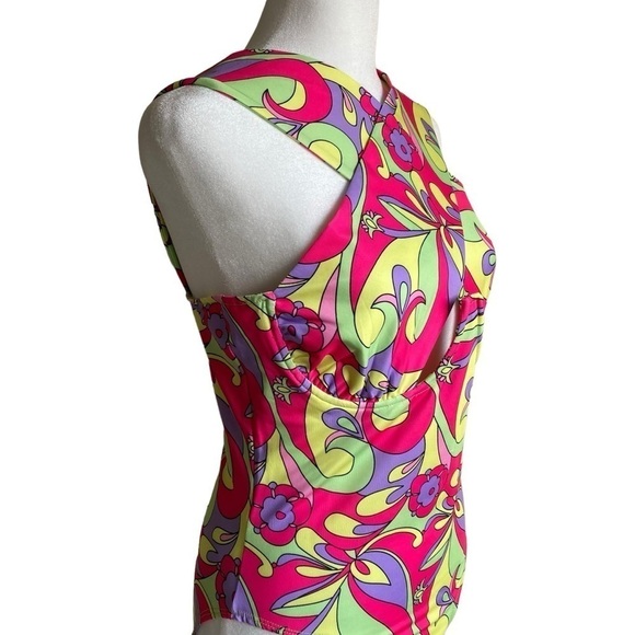 NWT AKIRA Happy Daze Cross Over Cutout Halter Bodysuit Retro 70s Hippie Print L - Picture 4 of 15